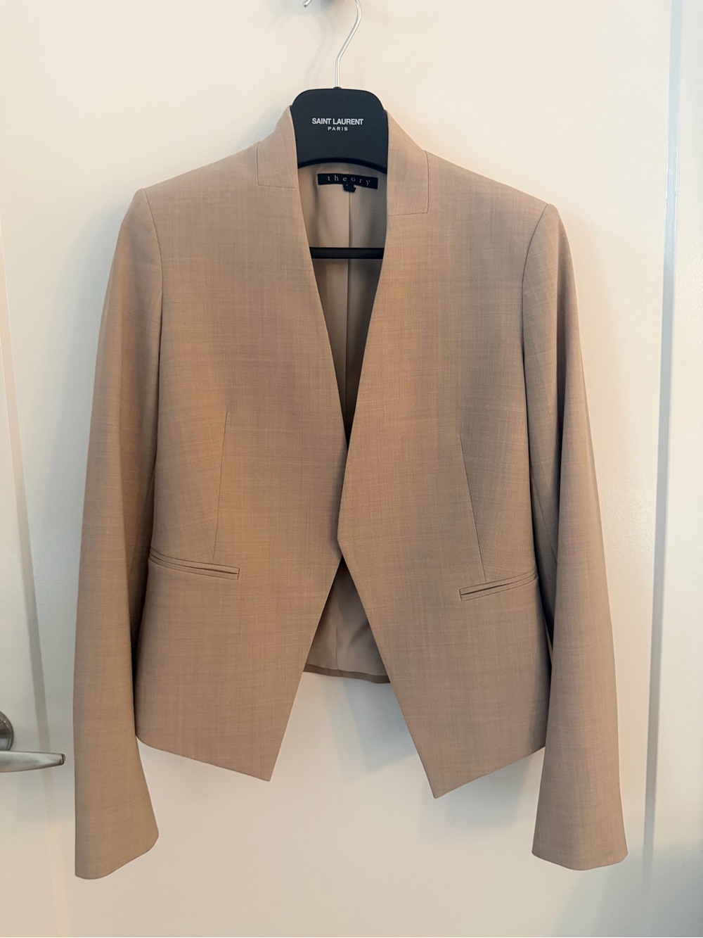 Wool Blend Theory Taupe Asymmetrical Open-Front Blazer size 0